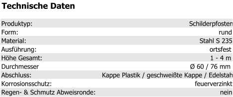 Technische Daten Produktyp: Schilderpfosten Form: rund Material: Stahl S 235 Ausführung: ortsfest Höhe Gesamt: 1 - 4 m Durchmesser Ø 60 / 76 mm Abschluss: Kappe Plastik / geschweißte Kappe / Edelstahl Korrosionsschutz: feuerverzinkt Regen- & Schmutz Abweisronde: nein